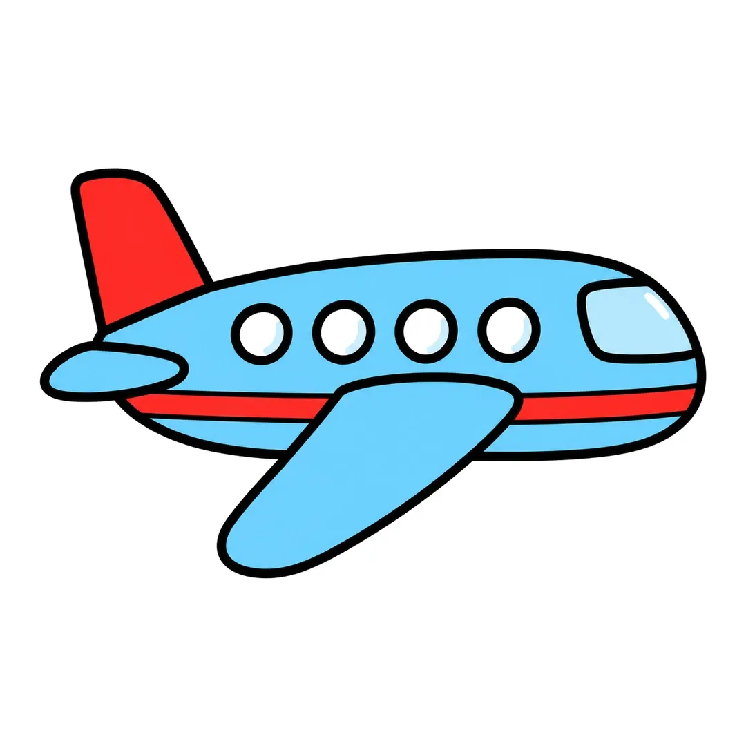 Finished cartoon airplane facing right, light blue with a red tail fin and stripe, white round windows and a pale blue cockpit window