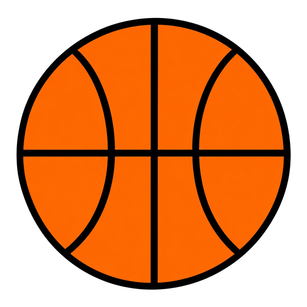 Finished cartoon basketball, orange with black lines: one across, one down the middle and a curved line on each side