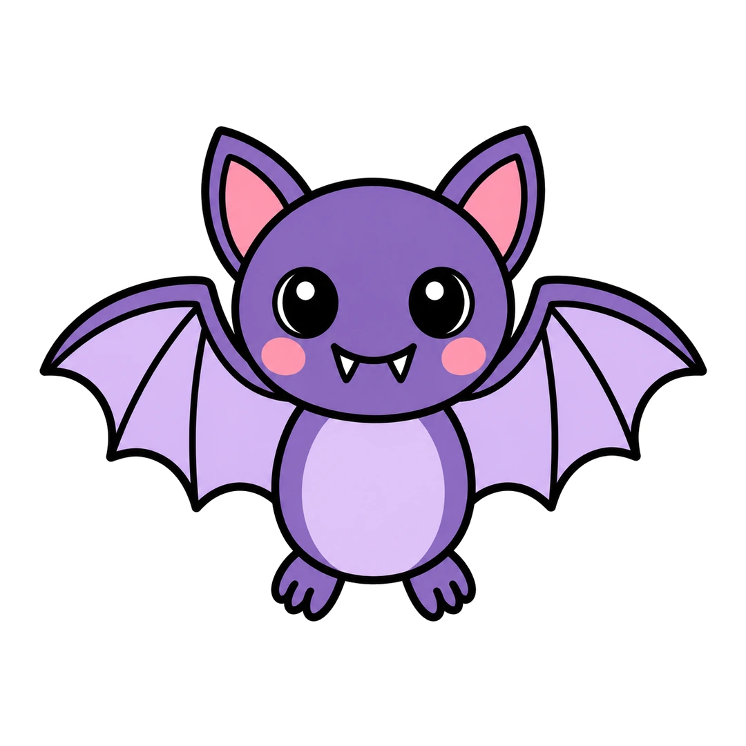 Finished cute cartoon bat with spread wings, purple with purple wing tops, light purple wings and belly, pink inner ears and cheeks, and white fangs