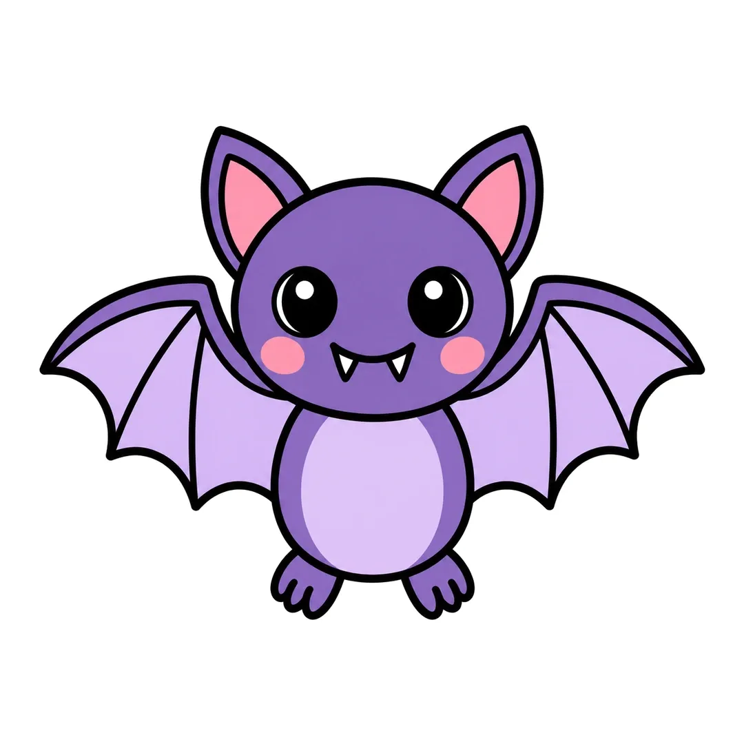 Finished cute cartoon bat with spread wings, purple with purple wing tops, light purple wings and belly, pink inner ears and cheeks, and white fangs
