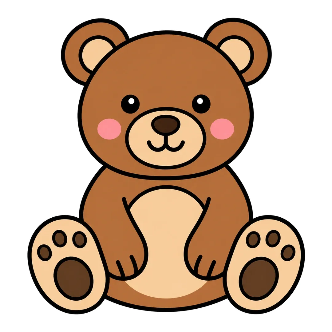 Finished cartoon bear sitting, brown with a tan muzzle, inner ears, belly and feet, dark brown paw pads and pink cheeks