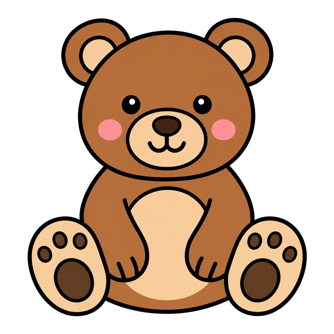 Finished cartoon bear sitting, brown with a tan muzzle, inner ears, belly and feet, dark brown paw pads and pink cheeks