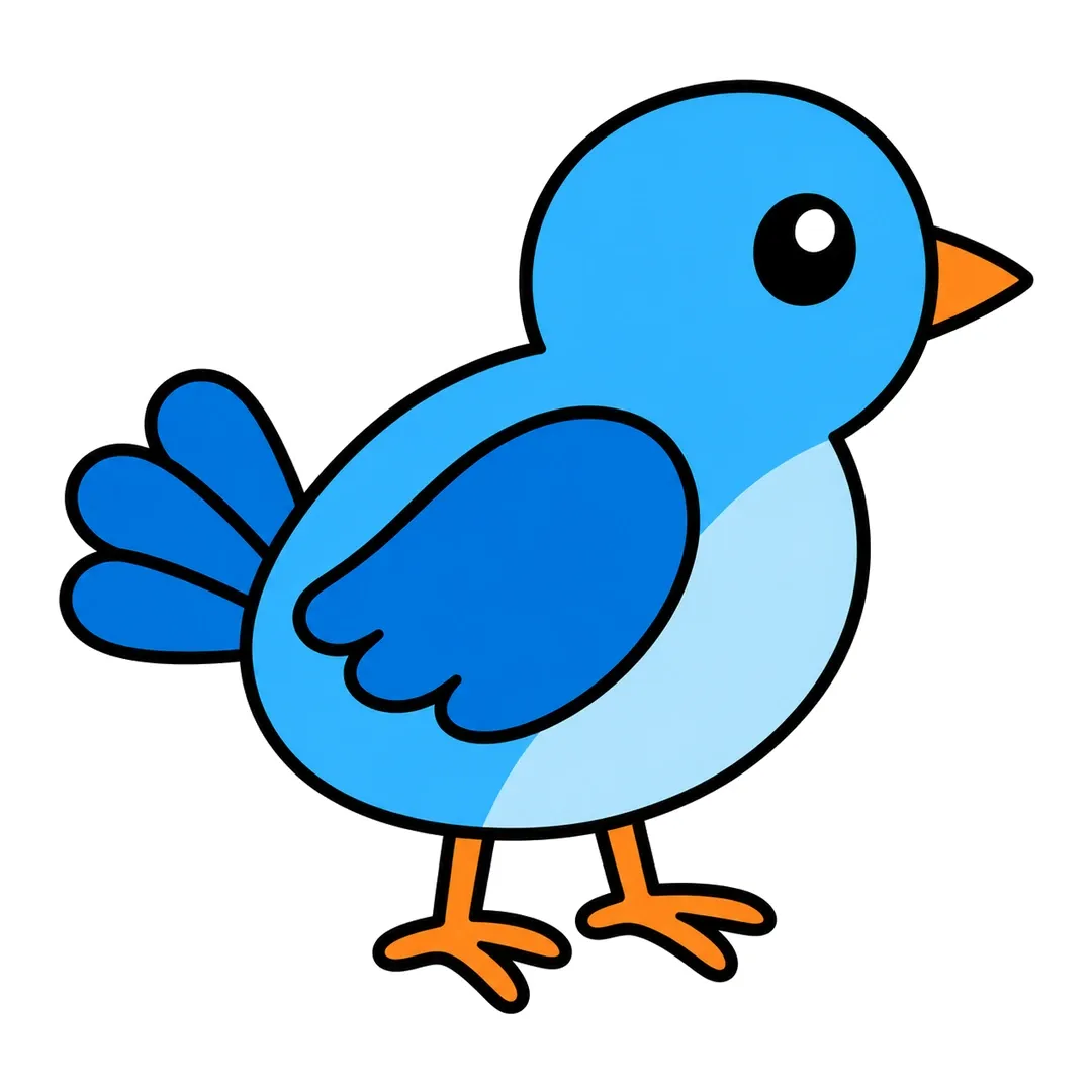 Finished cartoon bird facing right, blue with a light blue belly, a dark blue wing and tail and an orange beak and legs
