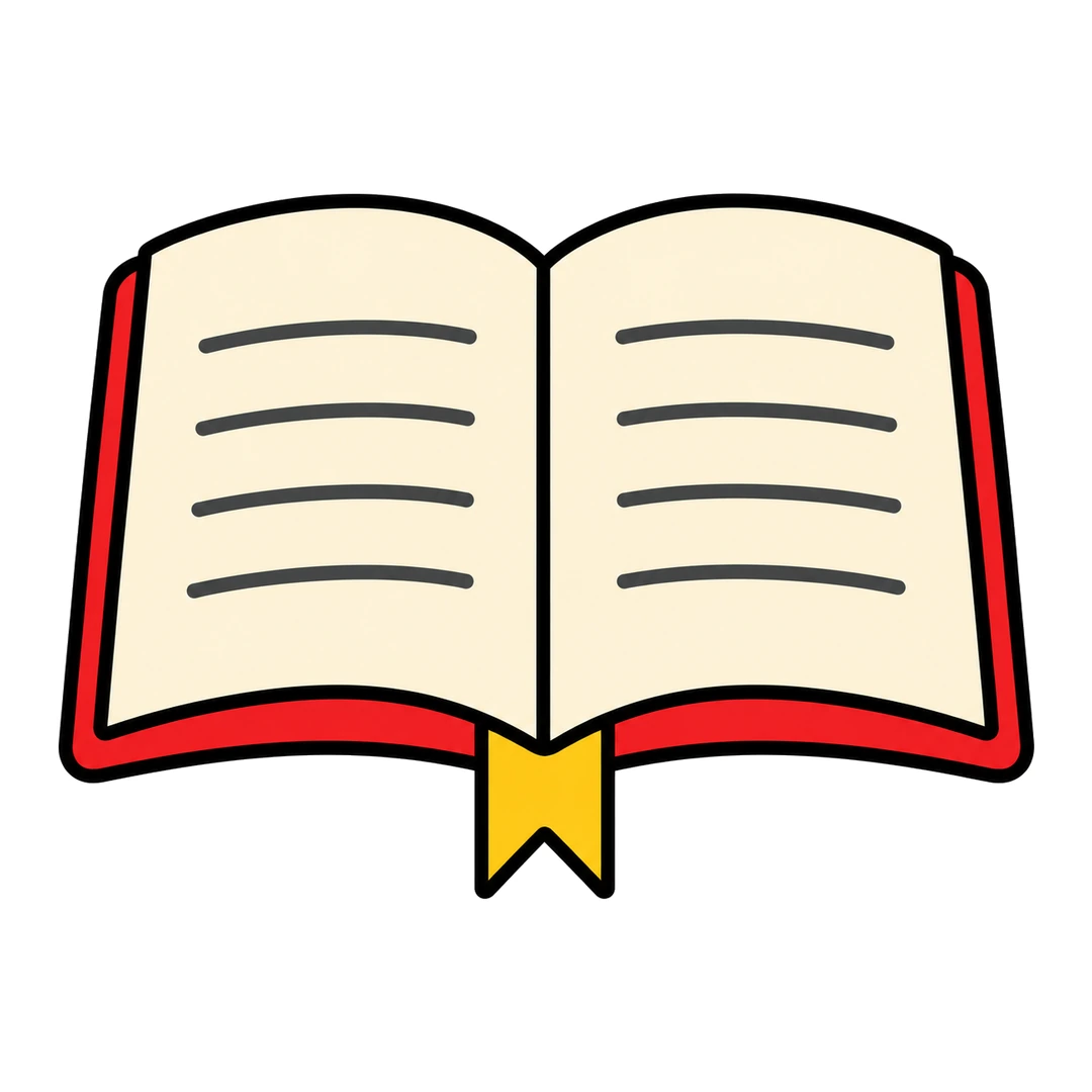 Finished cartoon open book with a red cover, cream pages, four dark gray text lines on each page and a yellow ribbon bookmark