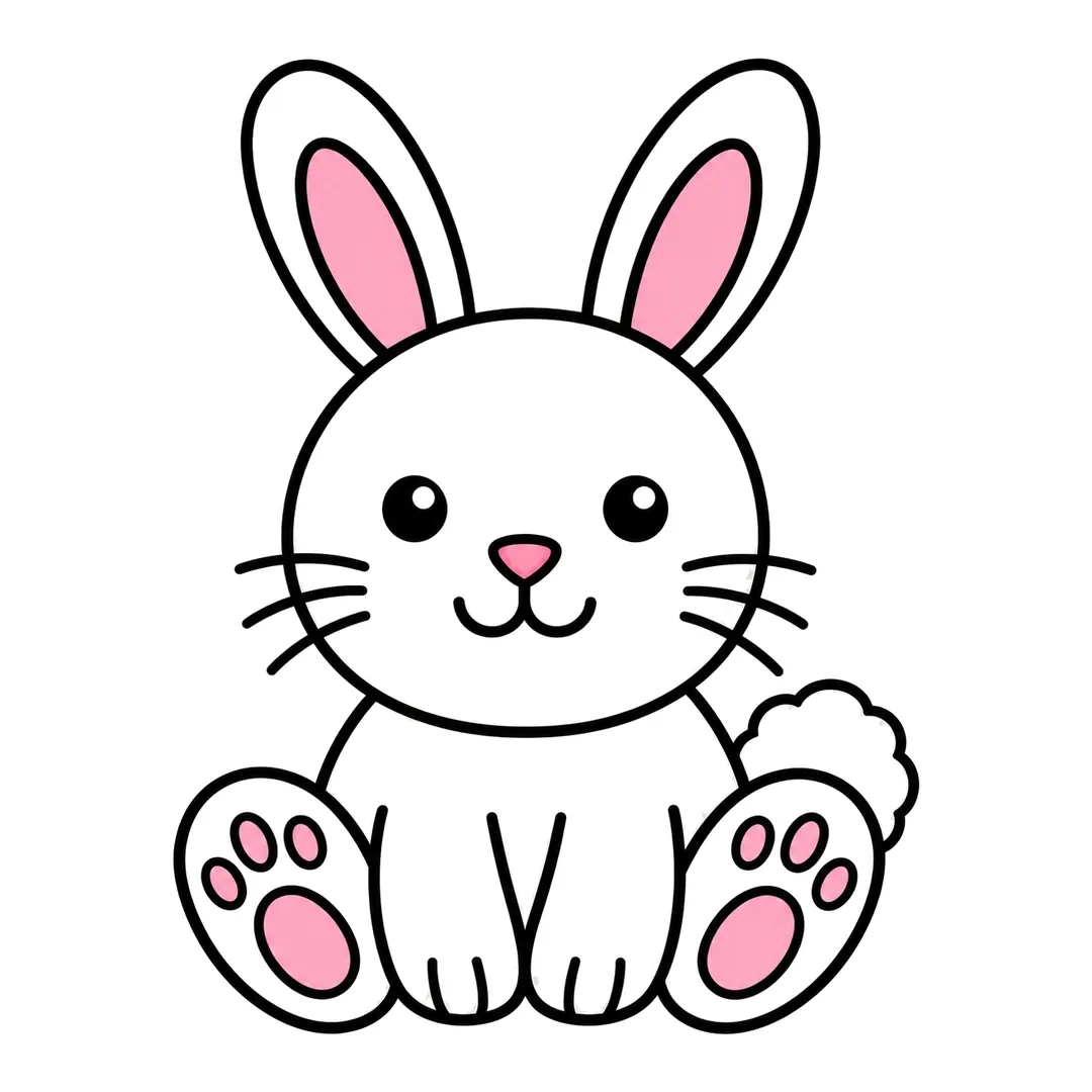 Finished cartoon bunny sitting, white with pink inner ears, a pink nose and pink paw pads