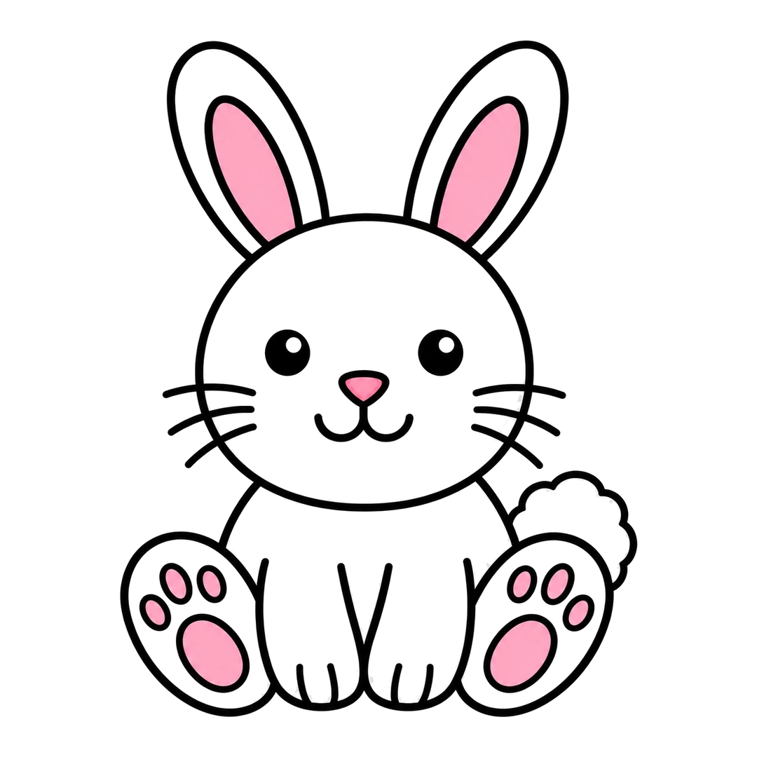 Finished cartoon bunny sitting, white with pink inner ears, a pink nose and pink paw pads