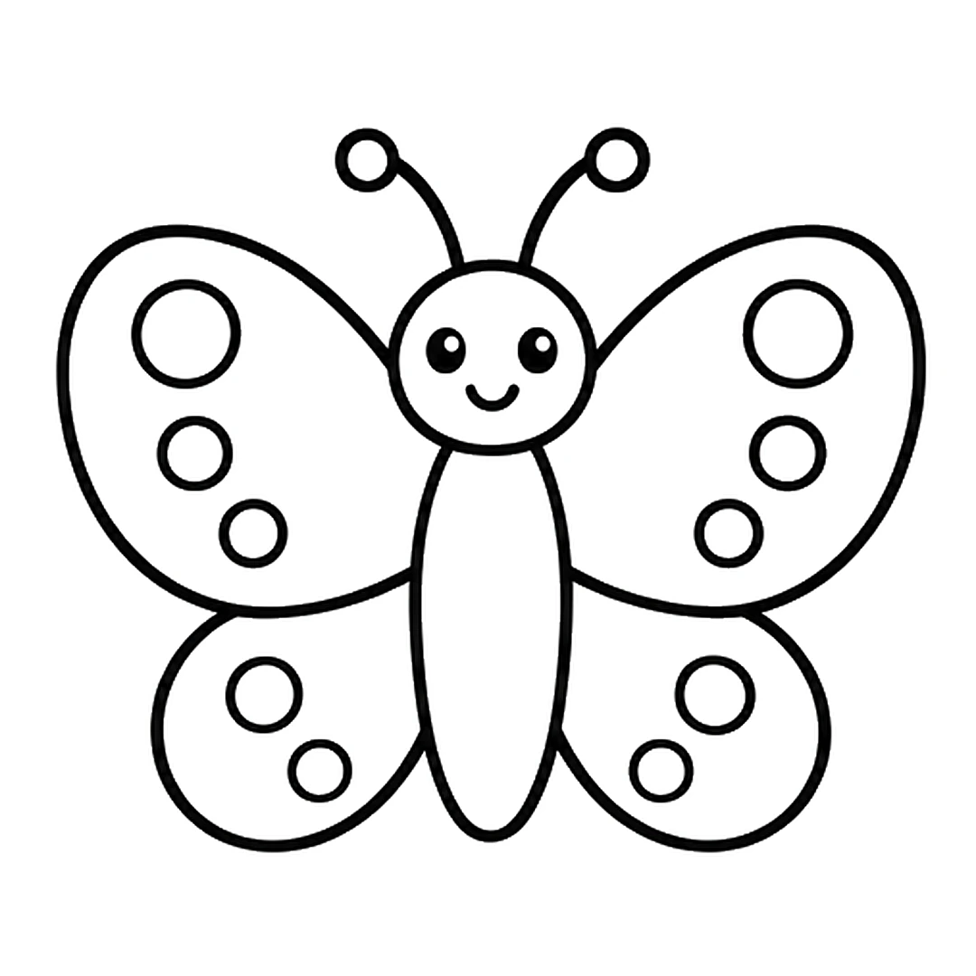 Three round spots on each upper wing, two on each lower wing, and a happy face with two eyes and a smile