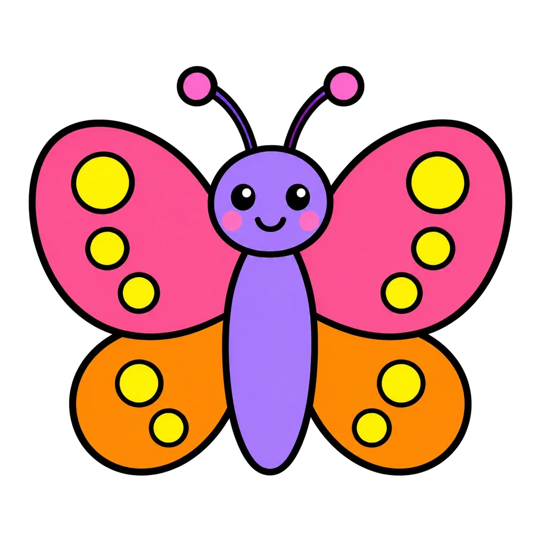 Finished cartoon butterfly with pink upper wings, orange lower wings, yellow spots, a purple head and body and pink cheeks