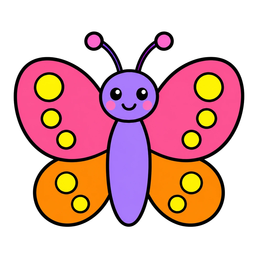 Finished cartoon butterfly with pink upper wings, orange lower wings, yellow spots, a purple head and body and pink cheeks