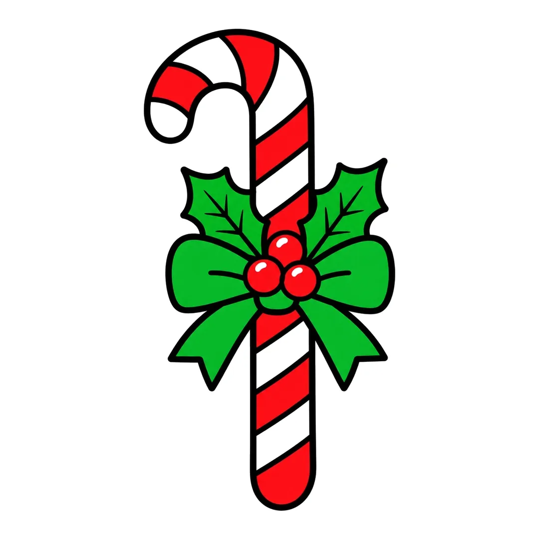 Finished cartoon candy cane with red and white stripes, a green bow, holly leaves and red berries