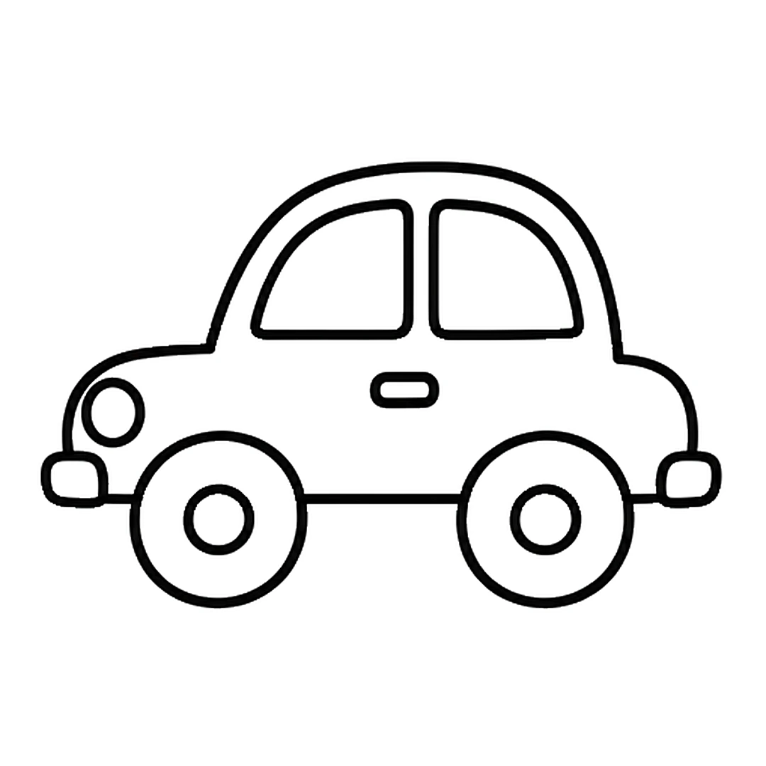 Rounded hood and trunk ends, no line under the cabin, a round headlight, a door handle and a bumper at each end