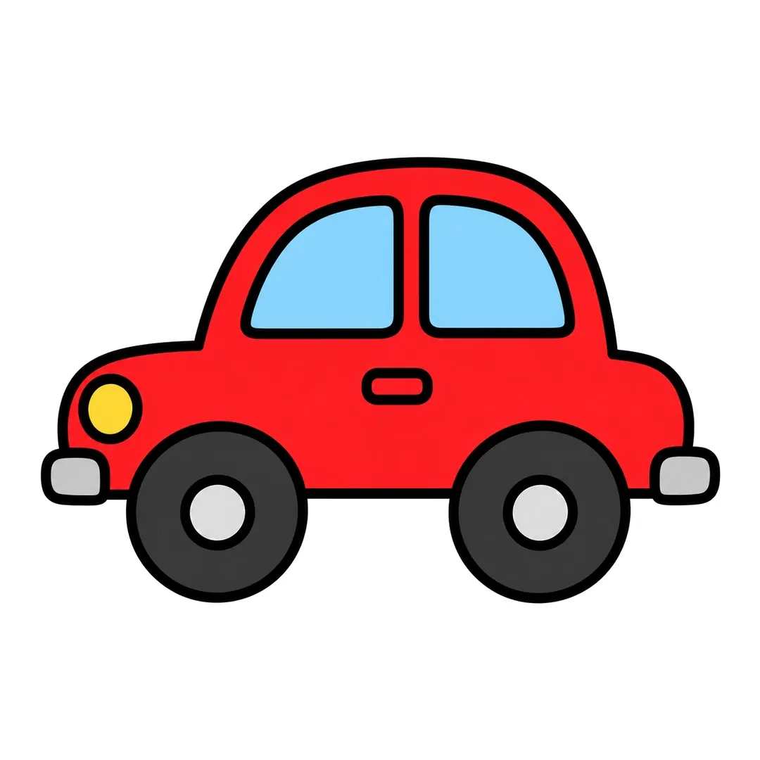 Finished cartoon car facing left, red with light blue windows, a yellow headlight, gray bumpers and black wheels