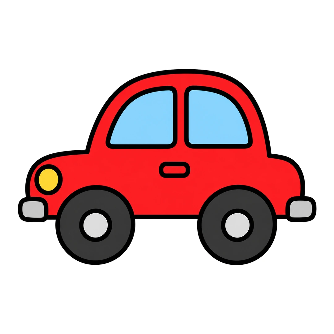 Finished cartoon car facing left, red with light blue windows, a yellow headlight, gray bumpers and black wheels