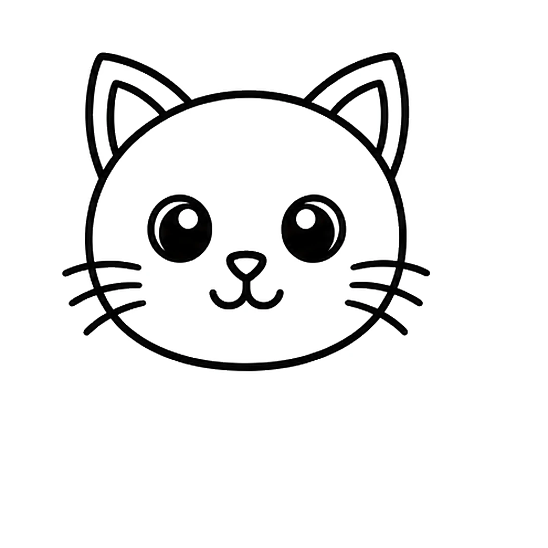 Two big round eyes with shine dots, a small triangle nose, a smile and three whiskers on each side