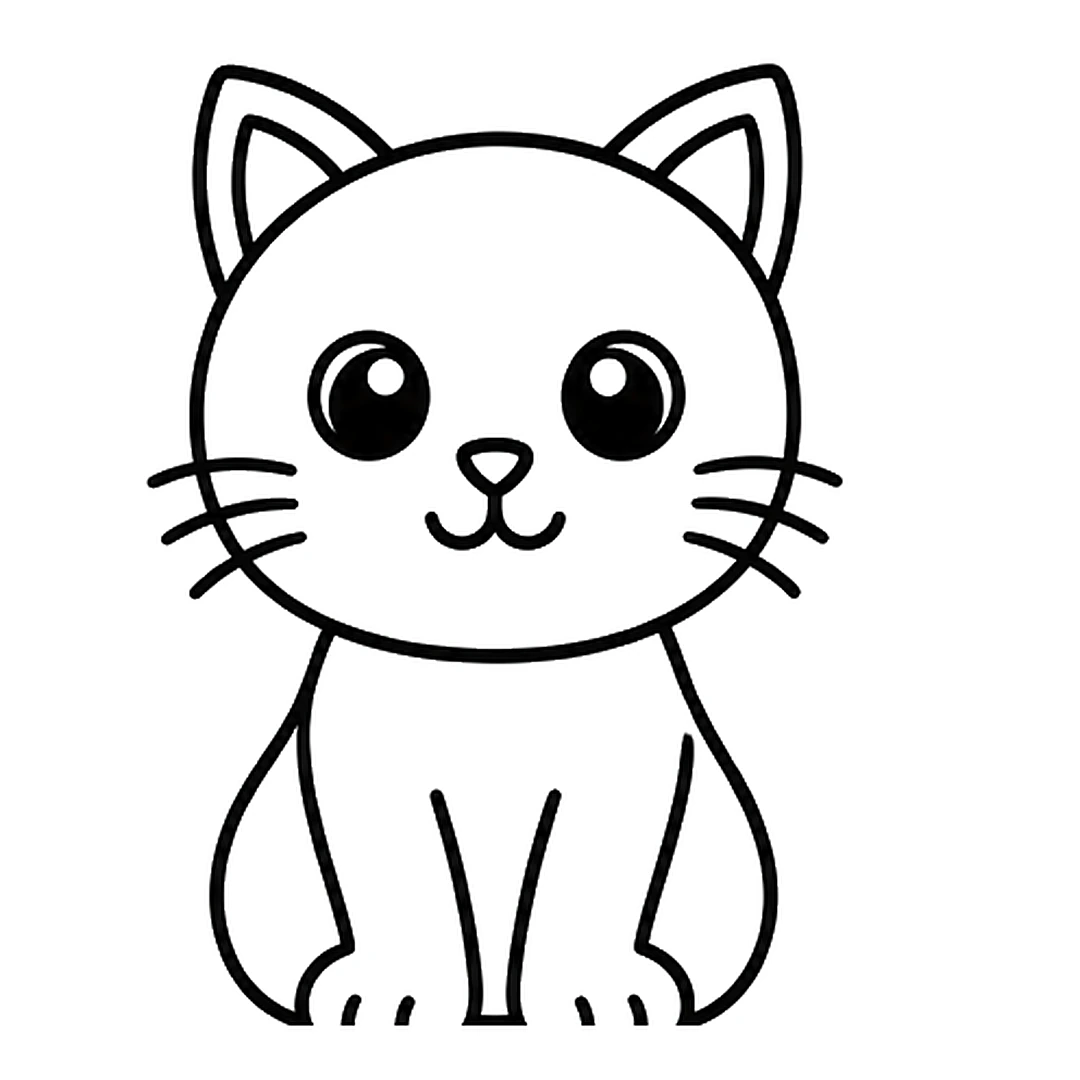 A rounded sitting body under the head with two front legs and round paws