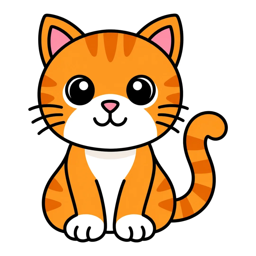 Finished cartoon cat sitting, orange with darker stripes, a white muzzle, chest and paws, a pink nose and pink inner ears