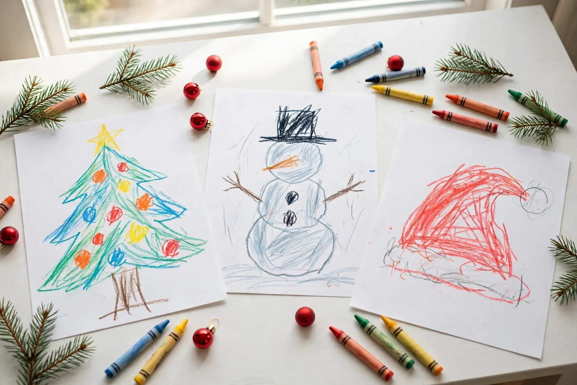 Children's crayon drawings of a Christmas tree, a snowman and a Santa hat with pine sprigs and ornaments