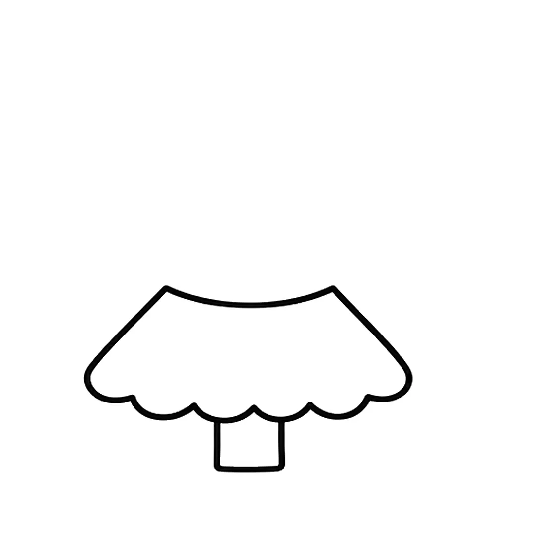 A small square trunk with one wide tree tier above it that has a wavy bottom edge