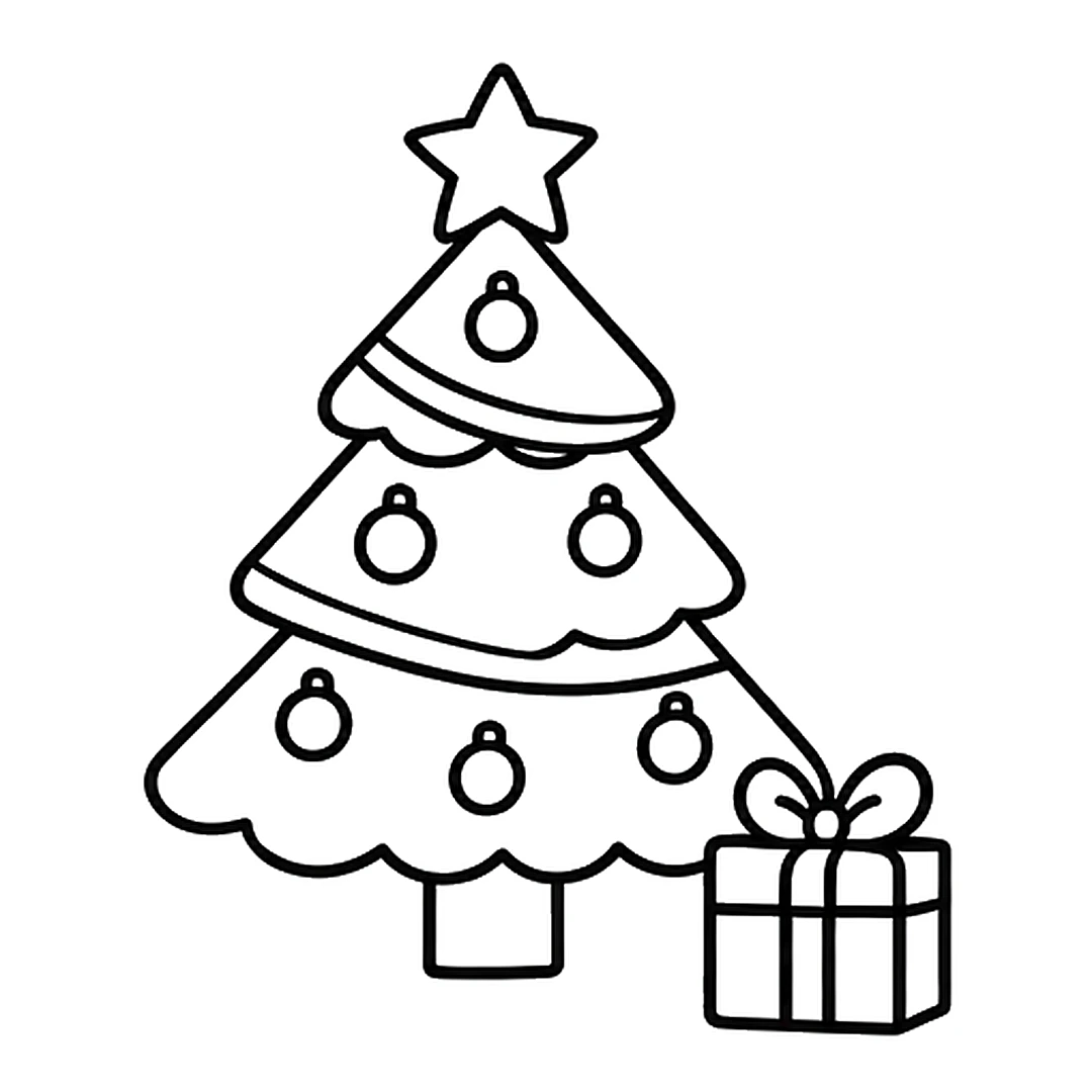 Six round ornaments on the tree and a wrapped present with a bow beside the trunk