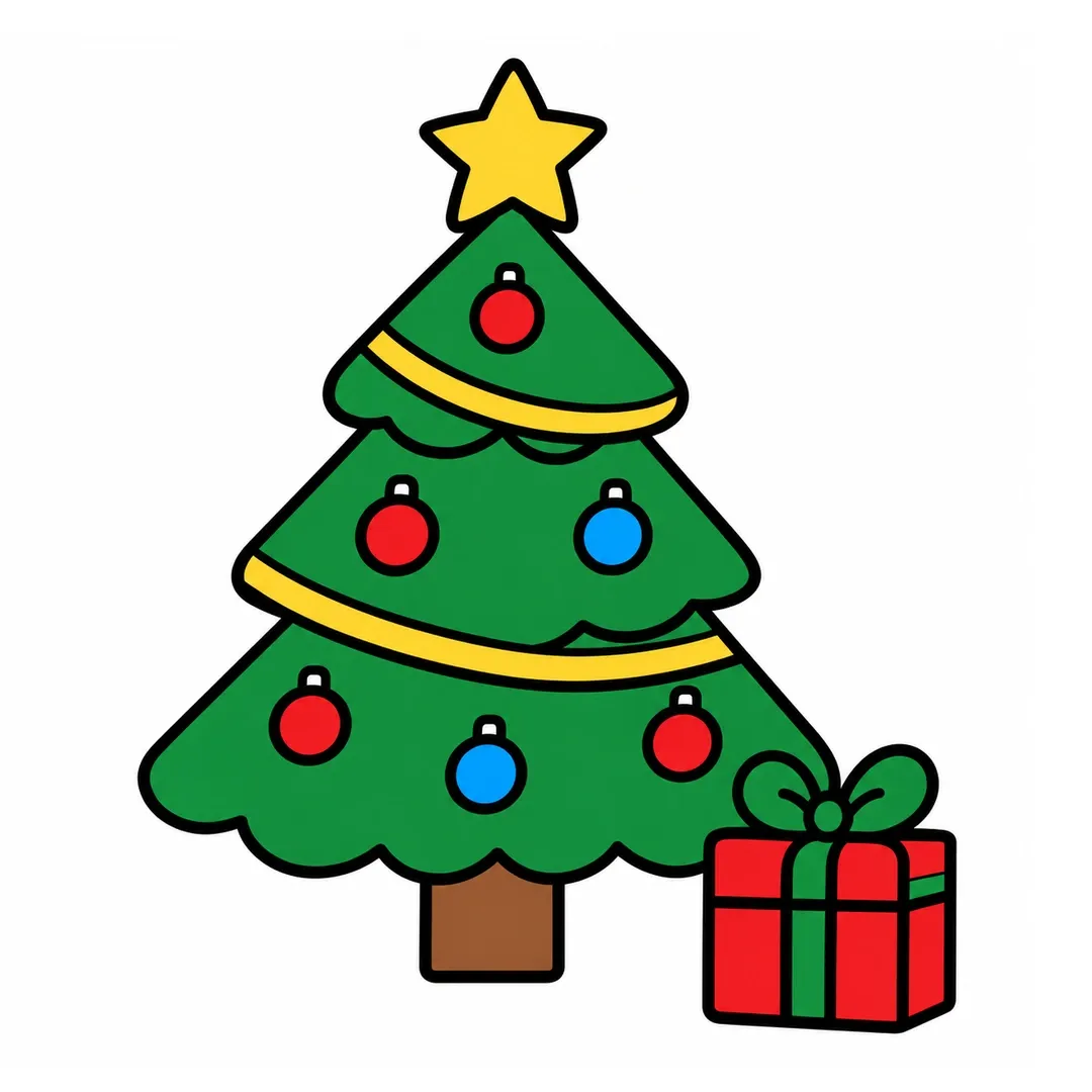 Finished cartoon Christmas tree with a yellow star, gold garland, red and blue ornaments and a red present