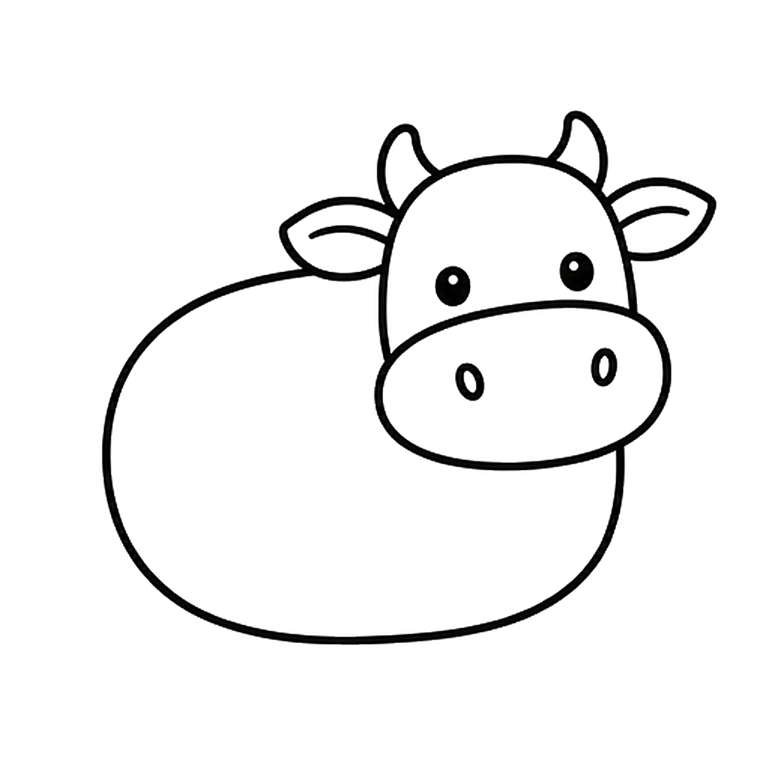 Two small curved horns, two ears with inner lines, two dot eyes and two oval nostrils