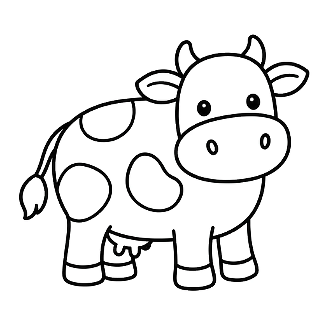 Three big spots, one touching the top edge, a small udder between the back legs and a thin tail with a tuft on the left