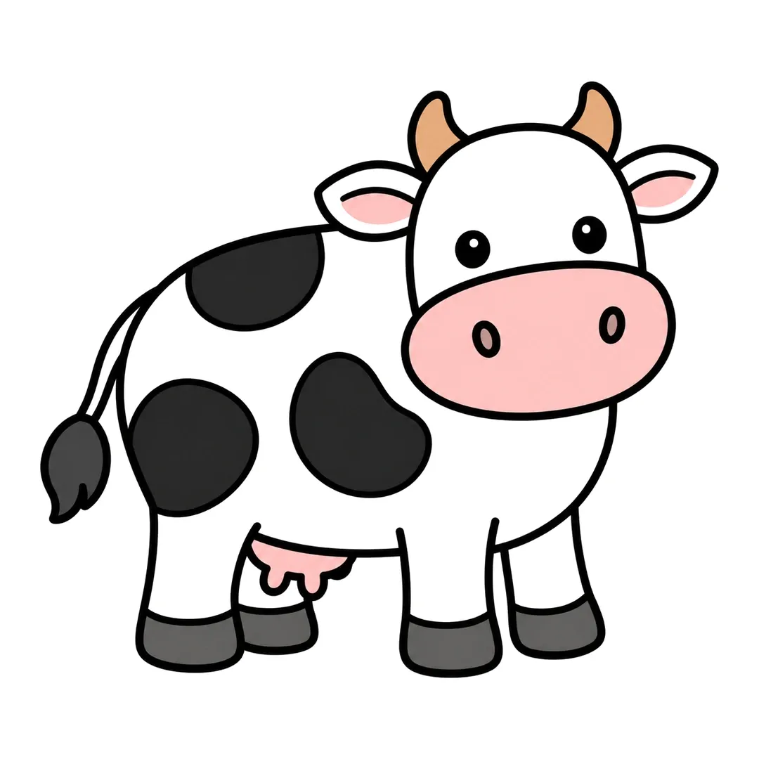 Finished cartoon cow, white with black spots, a black tail tuft, a pink muzzle, inner ears and udder, tan horns and dark gray hooves