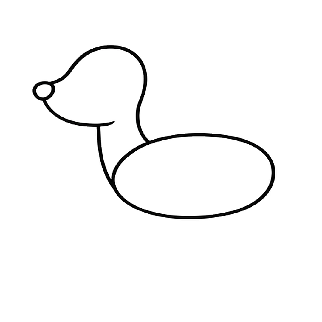 A head with a small round nose on the left and a long neck curving down behind the body oval