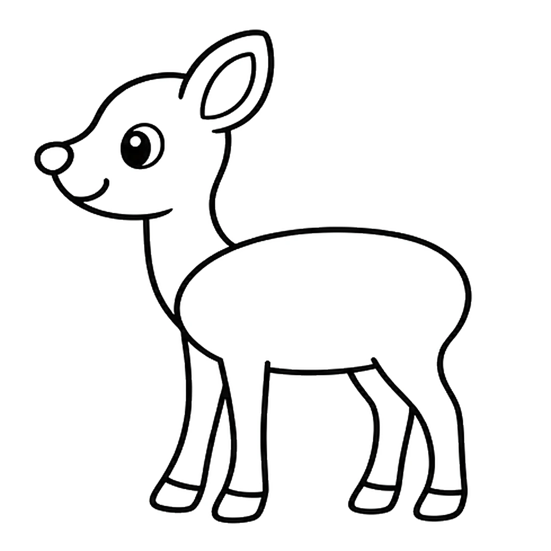 A tall ear with an inner line over the back of the head, a round eye with a shine dot and a small smile