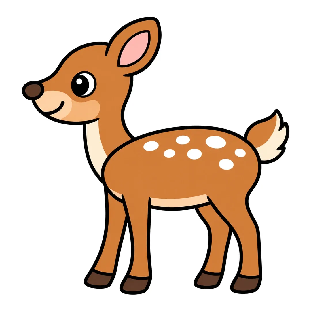 Finished cartoon fawn, light brown with white spots, a cream chest and belly, a pink inner ear, dark brown hooves and nose