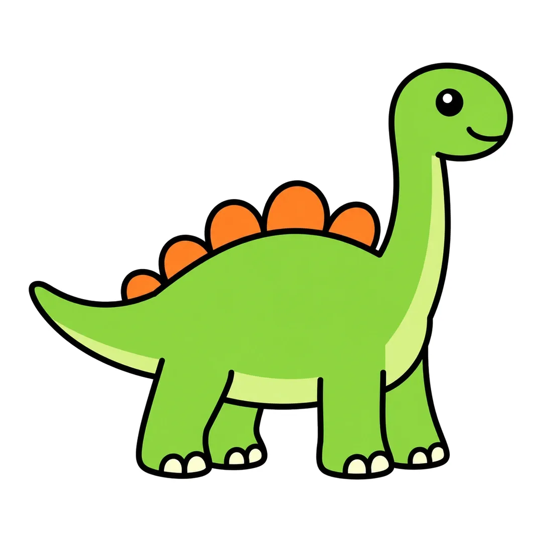 Finished cartoon long-necked dinosaur, green with a light green belly, orange back plates, cream toenails and a smile