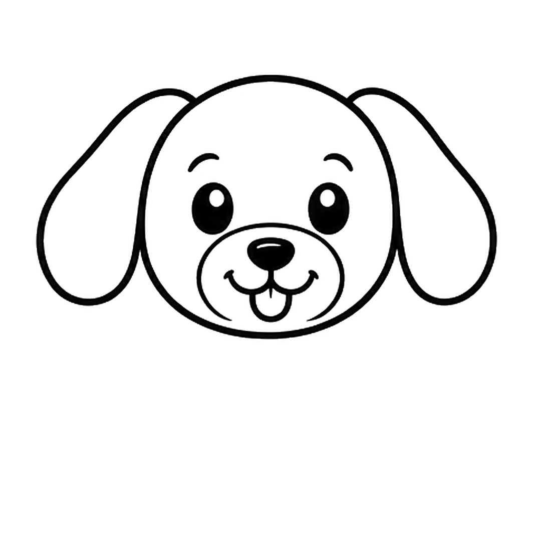 Two eyes with shine dots and eyebrows, a round muzzle with a nose, a smile and a small tongue
