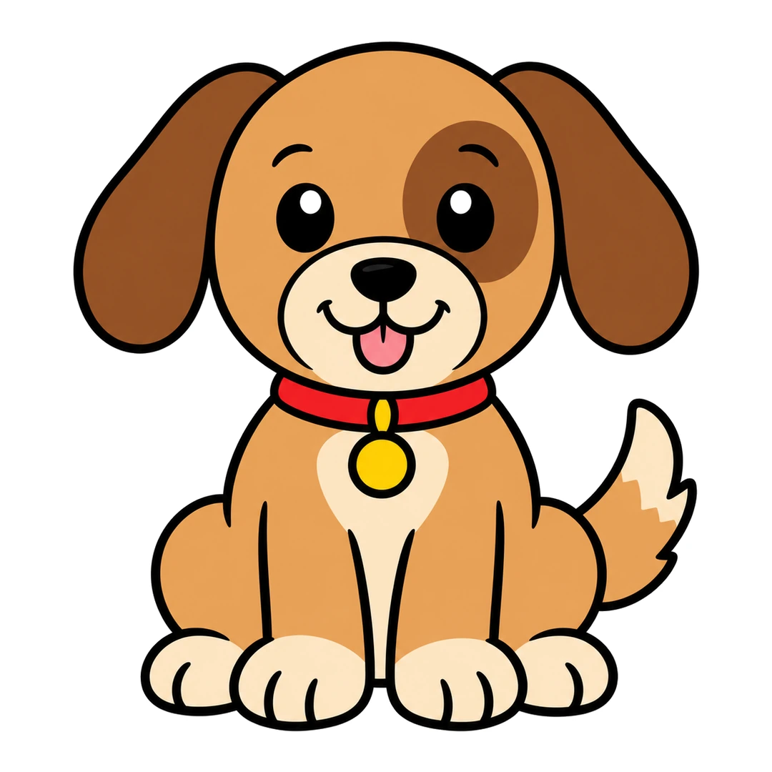 Finished cartoon puppy, light brown with dark brown ears and eye patch, a cream muzzle, chest and paws, a red collar and a yellow tag