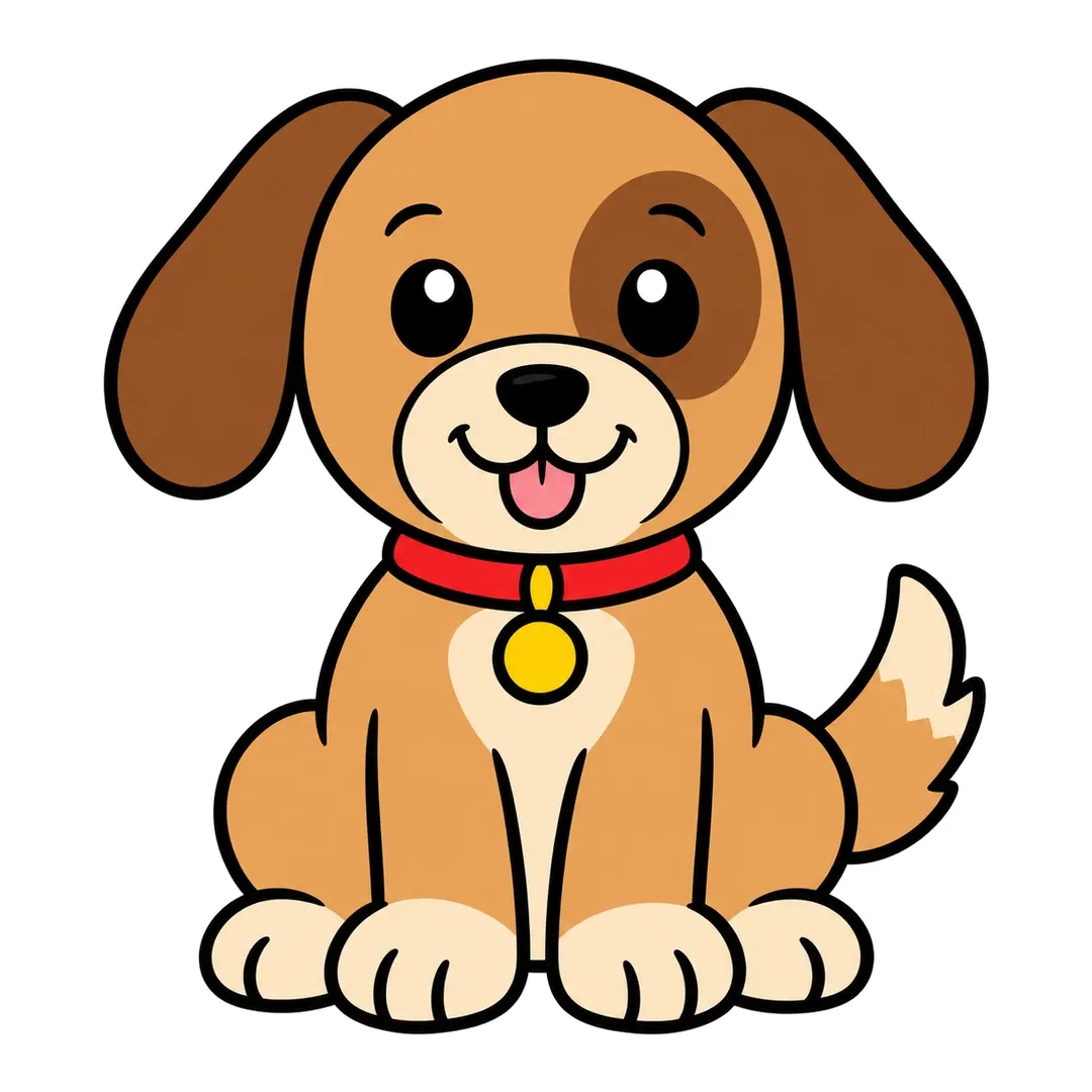 Finished cartoon puppy, light brown with dark brown ears and eye patch, a cream muzzle, chest and paws, a red collar and a yellow tag