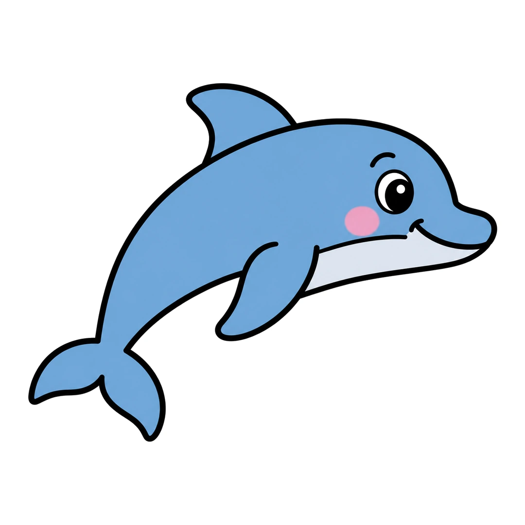 Finished cartoon dolphin jumping to the right, blue with a light gray belly and a pink cheek
