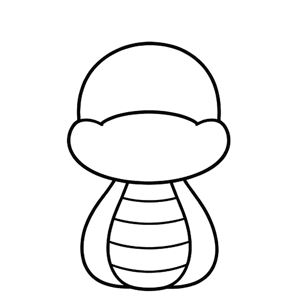 A rounded body under the head with a belly patch made of curved stripes
