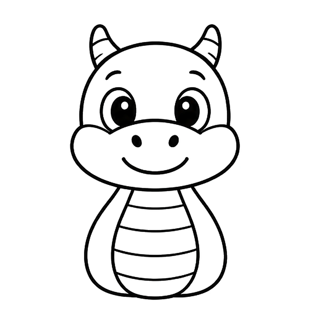 Two big round eyes with eyebrows, two nostrils, a smile and two small horns on top of the head