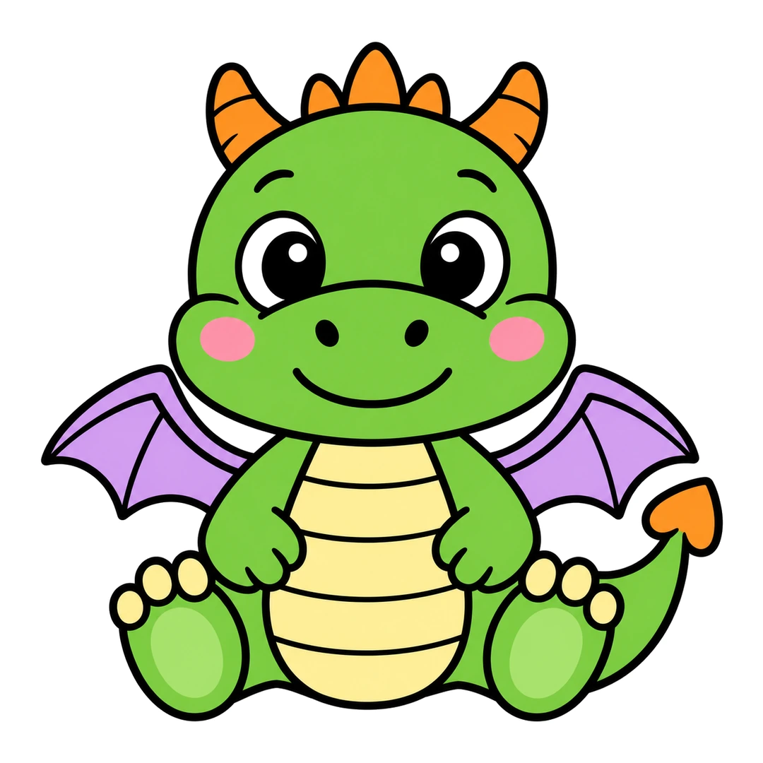 Finished cartoon baby dragon sitting, green with a yellow striped belly, purple wings, orange horns and spikes and pink cheeks