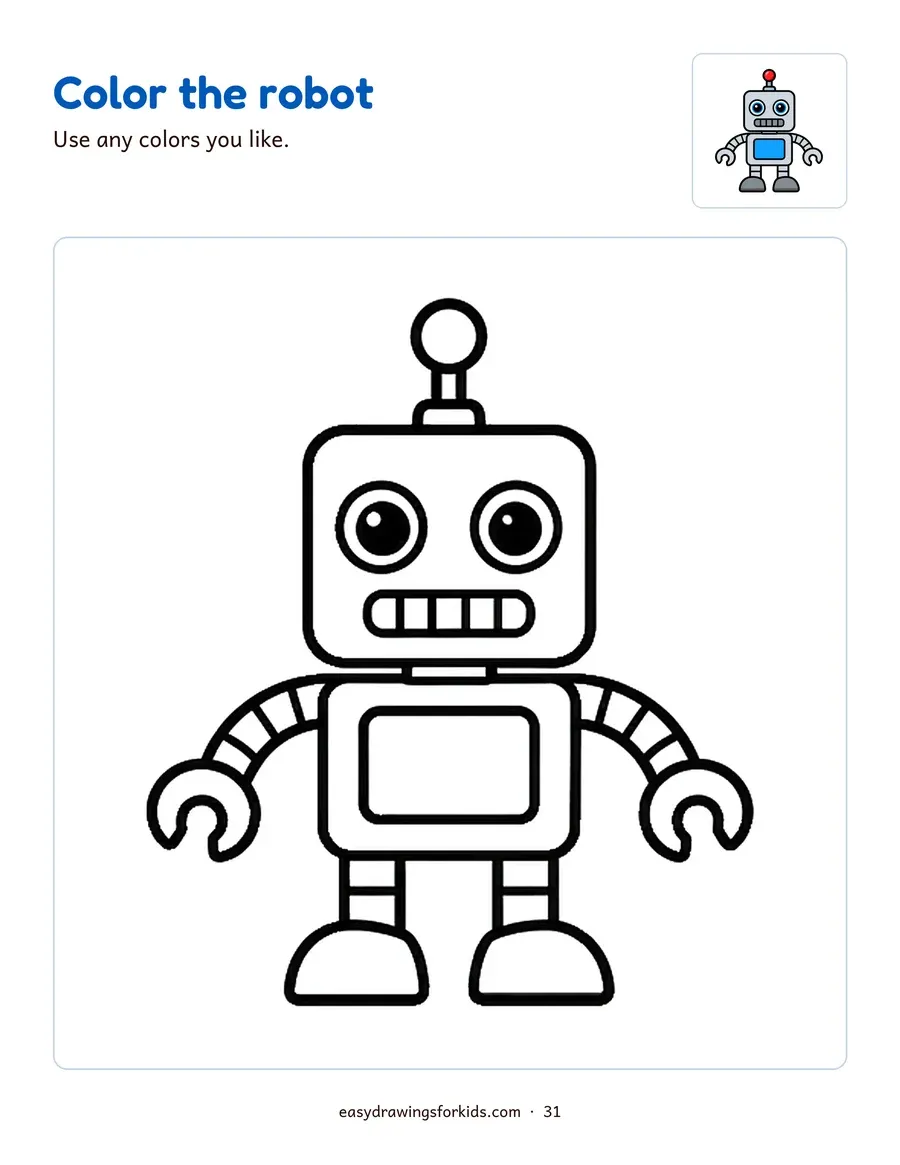 Sample coloring page from the book: a big robot outline with a small color guide