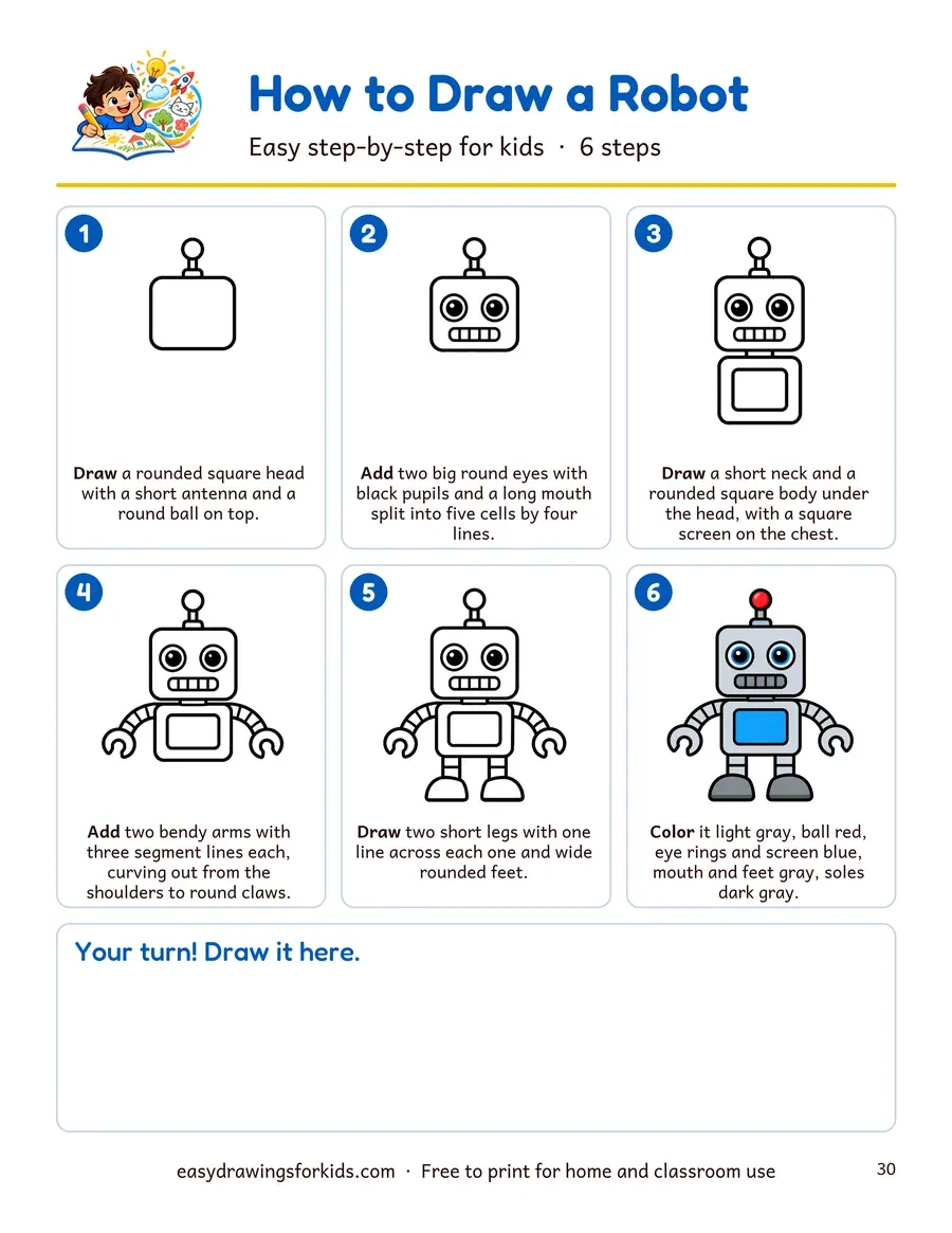 Sample step page from the book: how to draw a robot in 6 numbered steps