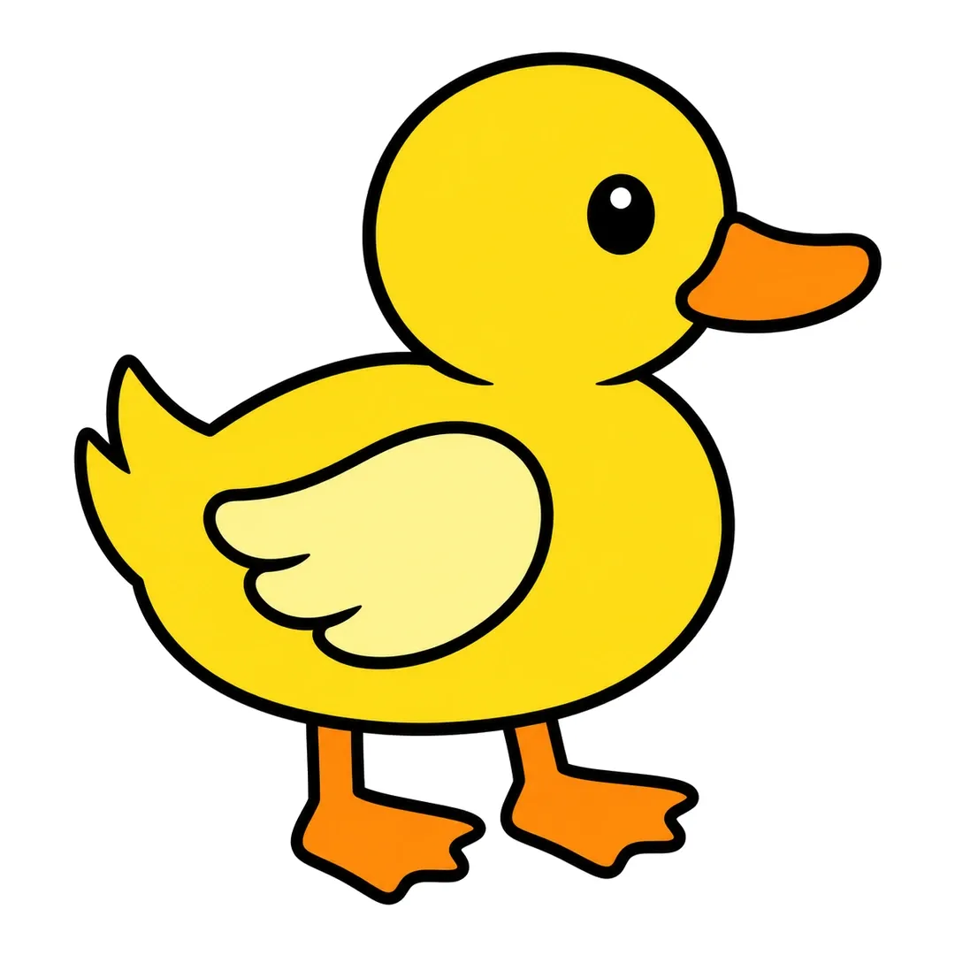 Finished cartoon duckling, yellow with a light yellow wing, an orange beak and orange webbed feet