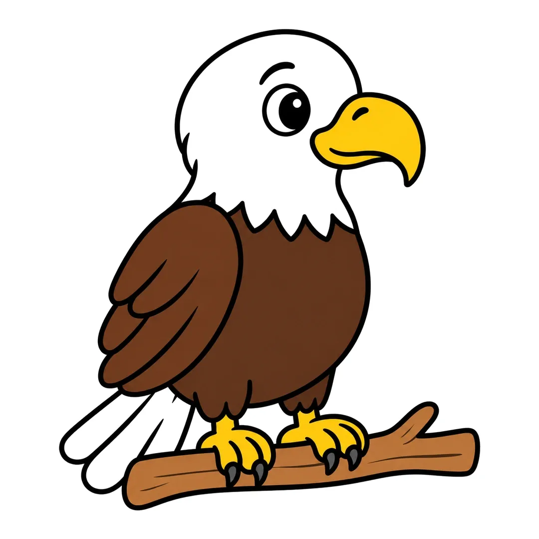 Finished bald eagle on a tan branch with a white head and tail, brown body, wing and legs, yellow beak and feet, gray claws