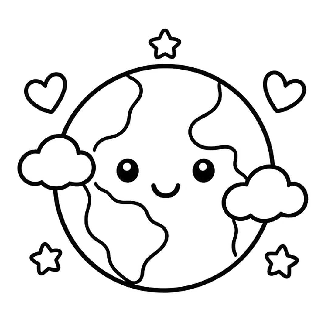 Two small hearts at the top corners and three small stars around Earth