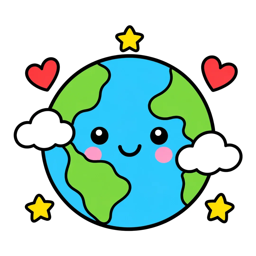 Finished cartoon Earth with blue oceans, green land, a smiling face, pink cheeks, white clouds, red hearts and yellow stars