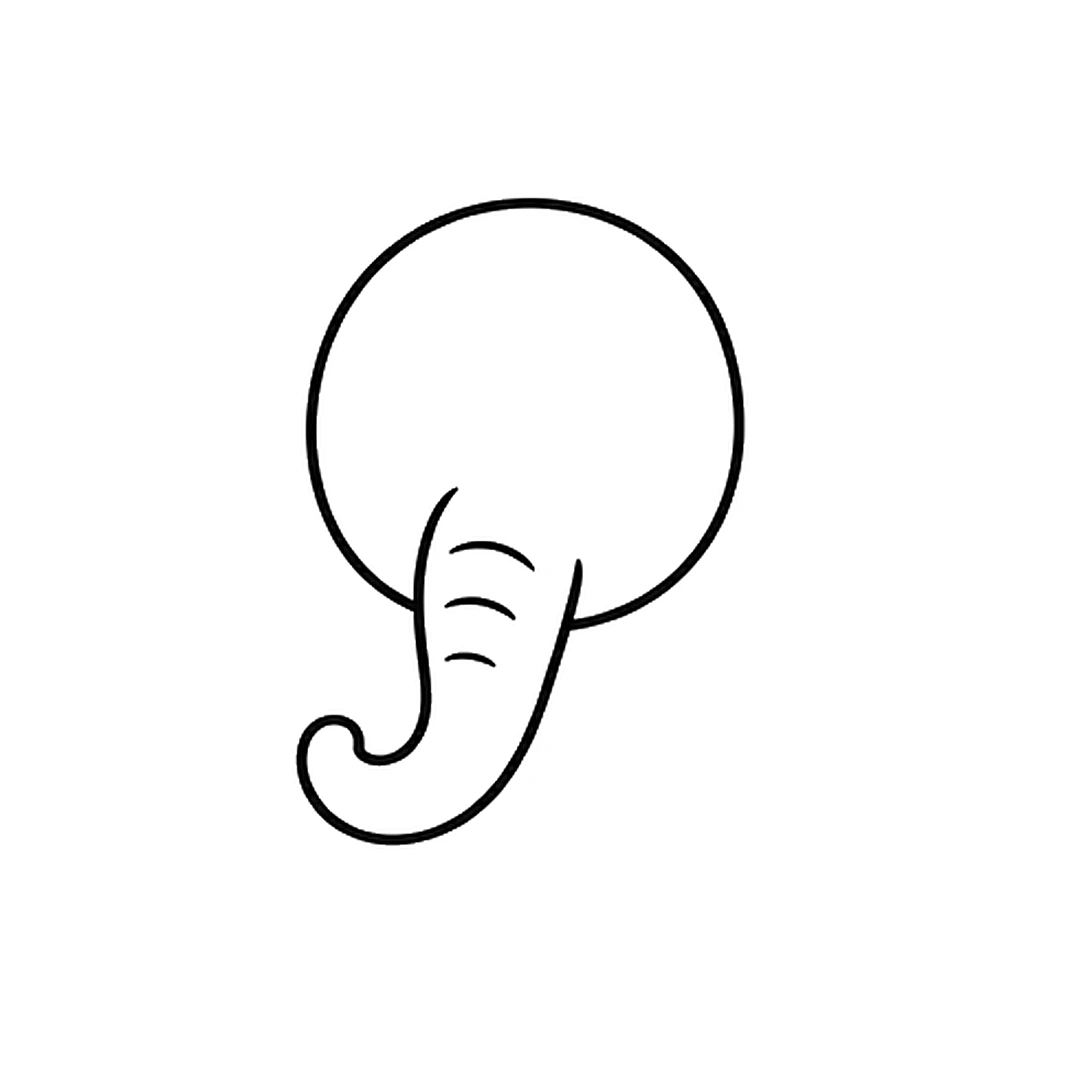 A trunk coming down from the bottom of the head, curling at the tip, with three wrinkle lines