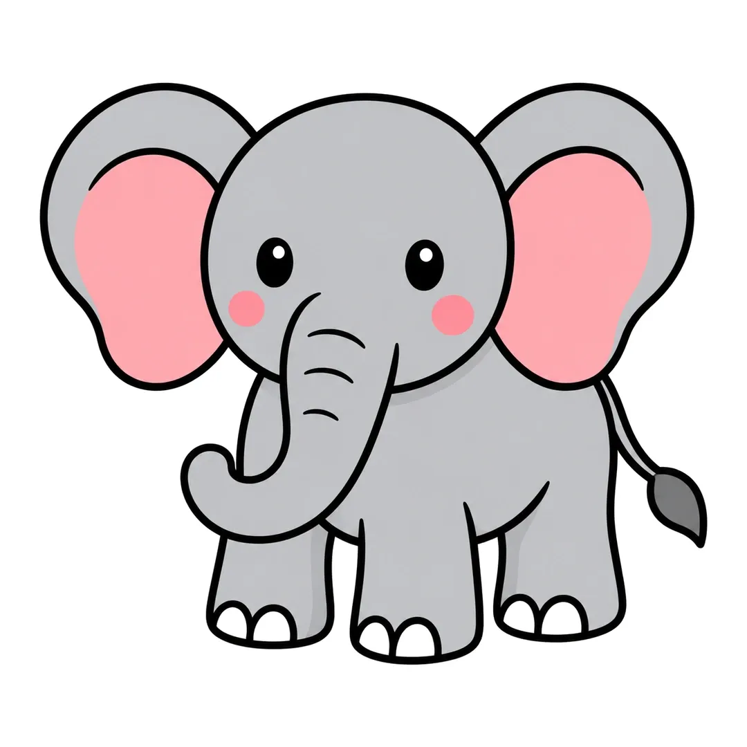 Finished cartoon elephant, gray with pink inner ears, pink cheeks, a curly trunk and a dark gray tail tuft
