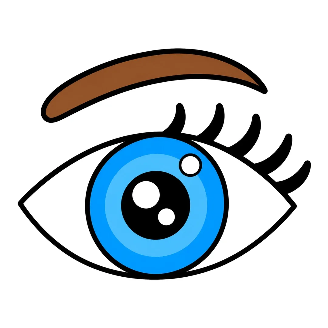 Finished cartoon eye with a blue iris, a black pupil with white shine circles, curled black lashes and a brown eyebrow