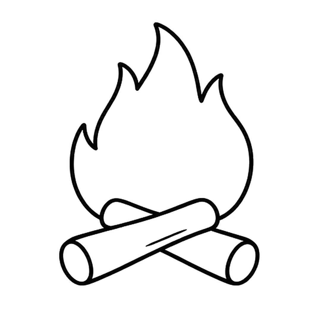 A big flame with a tall middle tip and wavy side tips rising from behind the logs