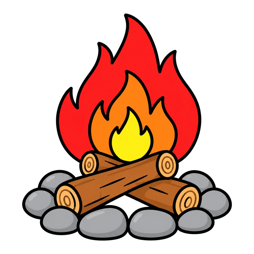 Finished campfire with red, orange and yellow flames over brown logs with tan ends, in a ring of gray stones