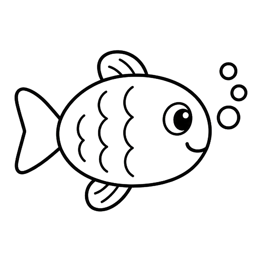 Three wavy up-and-down lines of scales on the body, the one nearest the tail shorter, and three round bubbles in front of the face